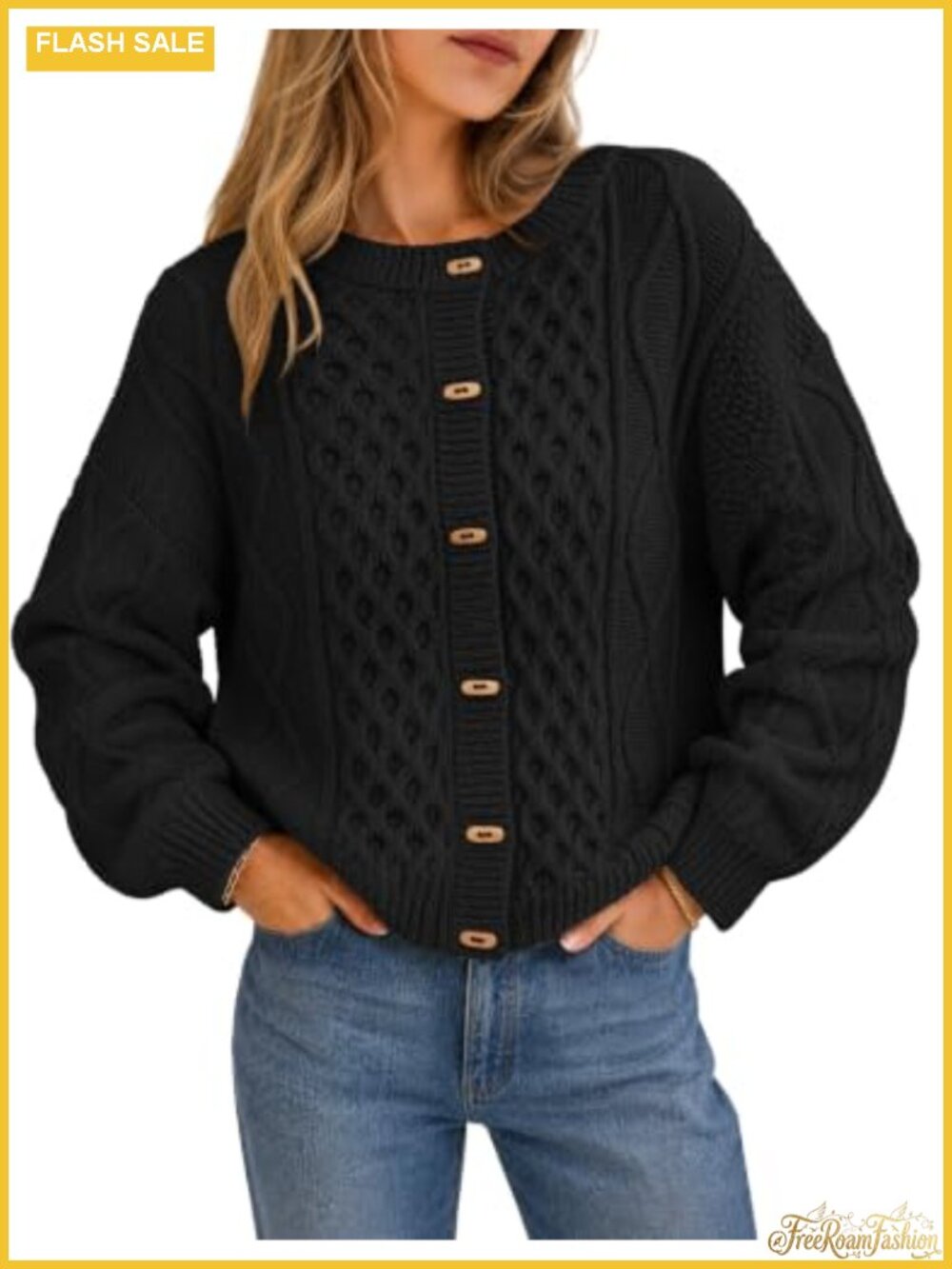 Womens Chunky Cable Knit Button Up Boyfriend Cardigan Sweater